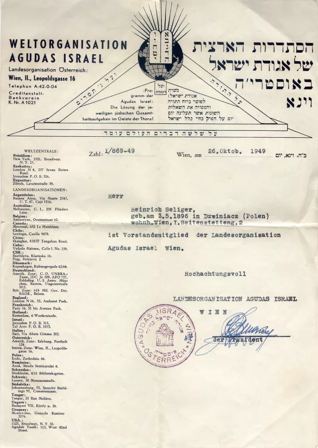 Heinrich Seligers Bestätigung als Vostandsmitglied der ?Agudas Israel? 1949