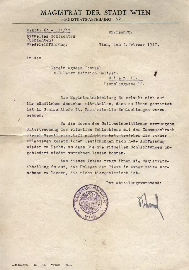 Schreiben des Magistrat der Stadt Wien an Heinrich Seliger über Wiederaufnahme der rituellen Schlachtungen