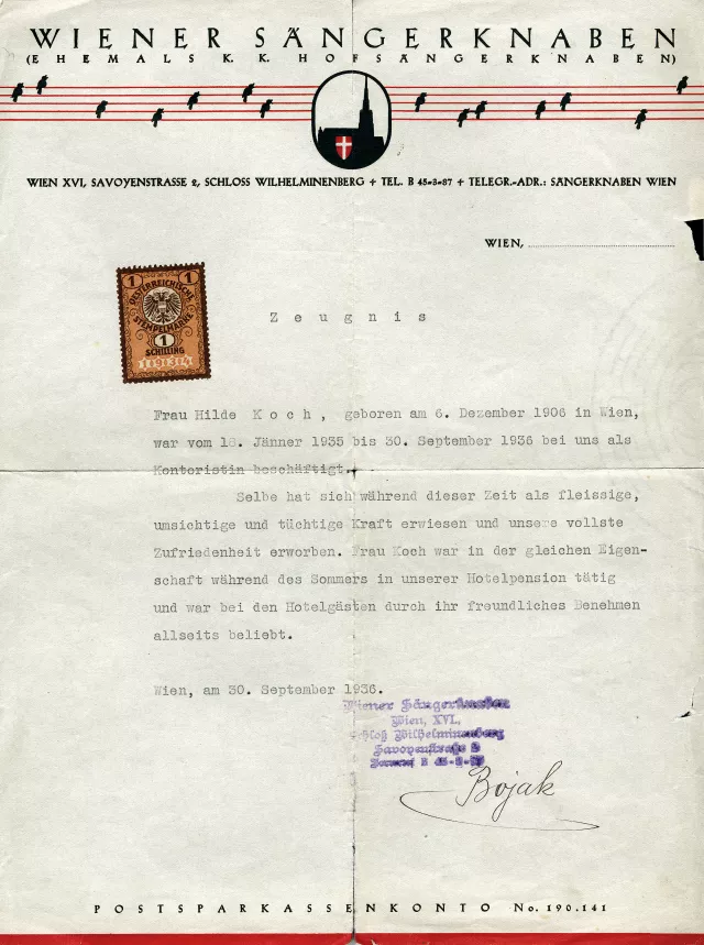 Zeugnis der Wiener Sängerknaben für Hilda Sobota Zeugnis der Wiener Sängerknaben für Hilda Sobota