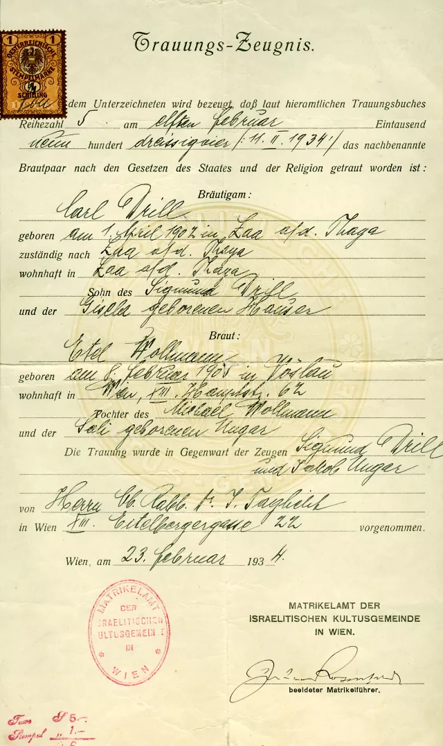 Das Trauungszeugnis von Karl und Etel Drill