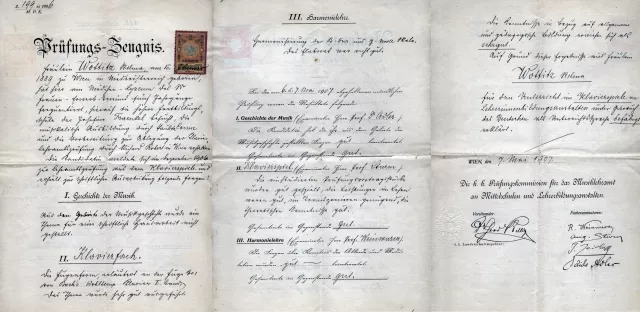 Klavieramtsprüfungszeugnis von Vilma Smolka