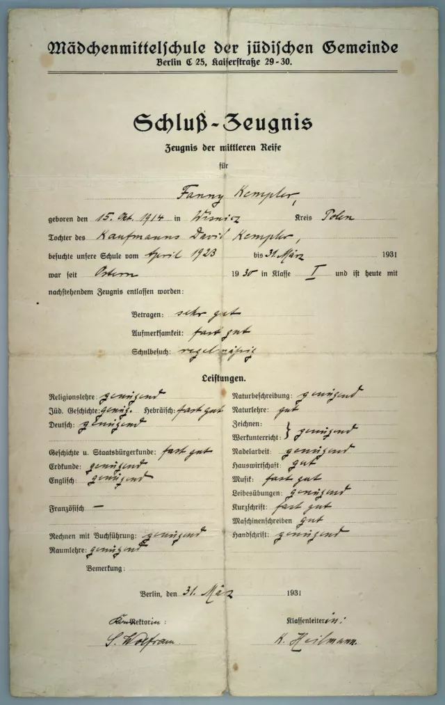 Abschlusszeugniss für Fanny Tohar