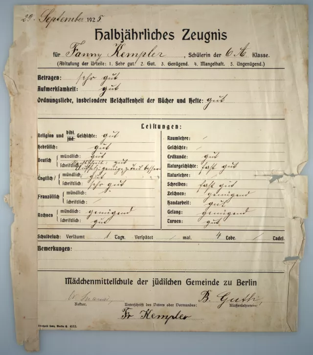 Halbjahreszeugniss für Fanny Tohar