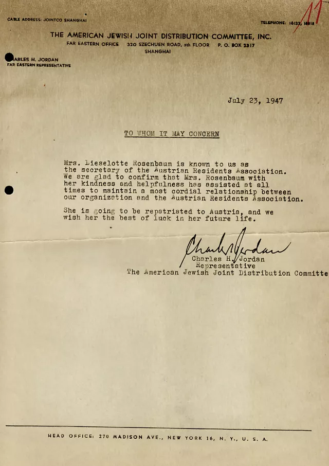 Empfehlungsschreiben vom American Jewish Committee aus Shanghai