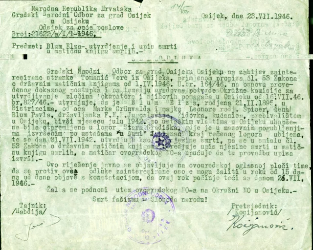 Vera Tomanic's mother Elza Bluhm`s death notice