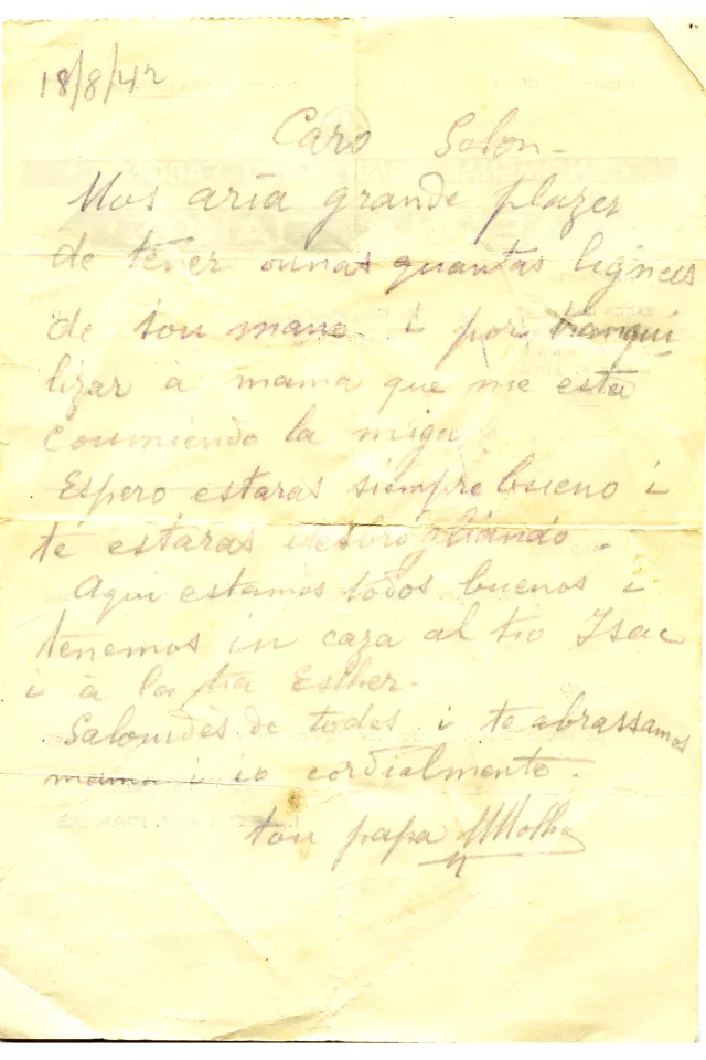 Letter from Mair Molho to his son Solon Molho