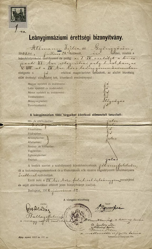 Graduation certificate of  Julia Folesne Altman