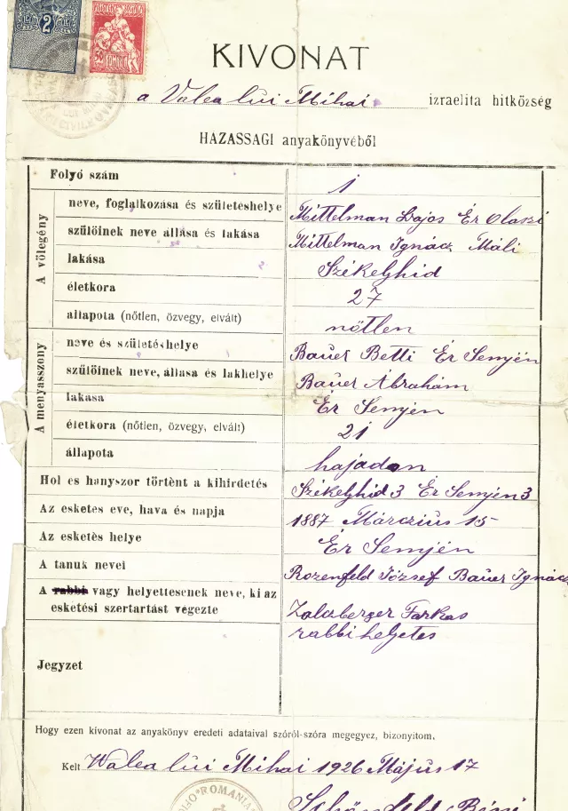 Mittelmann Lajos és Bauer Betti házassági anyakönyvi kivonata