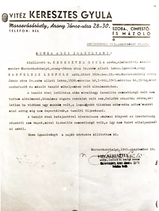 Karpelesz Leopold inaslevele