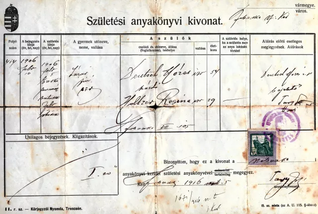 Marika Krpez's father Lazar Deutsch´s birth certificate Marika Krpez's father Lazar Deutsch´s birth certificate