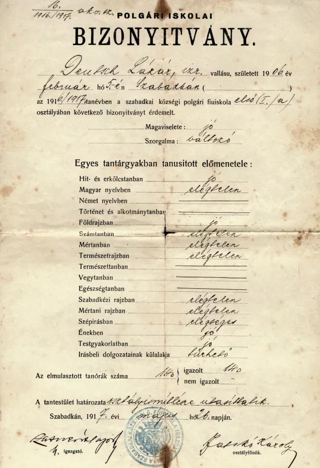 Marika Krpez's father Lazar Deutsch's certificate from the first grade of the 'Gradjanska' middle school Marika Krpez's father Lazar Deutsch's certificate from the first grade of the 'Gradjanska' middle school