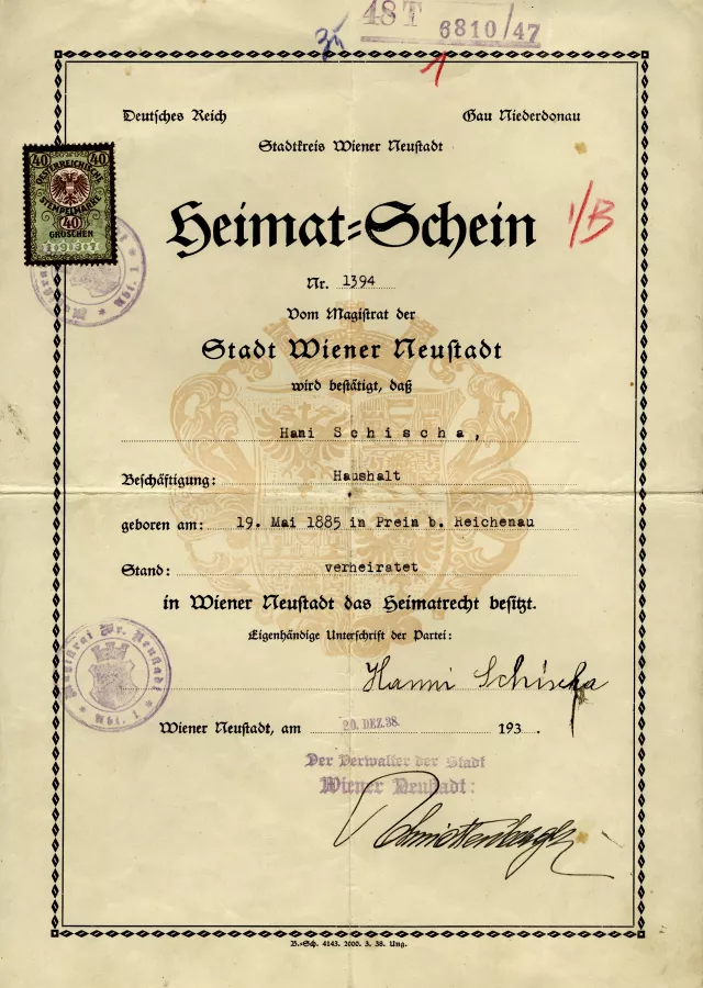 Johanna Schischas Heimatschein