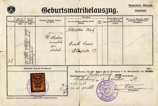 Geburtsmatrikelauszug von Wilhelm Schischa