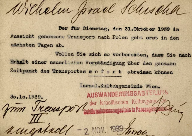 Die Aufforderung für Wilhelm Schischa zur Deportation nach Polen