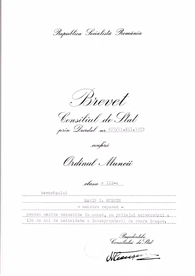 Manin Rudich's citation for the medal of work, received from Nicolae Ceausescu