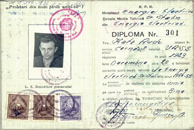 Rudi Katz's graduation diploma from the apprentice school in Brasov