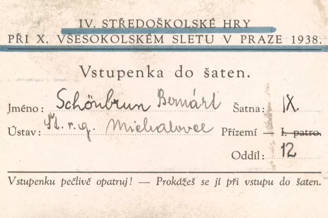 Changing room admission ticket for the 10th All-Sokol Slet (Rally)