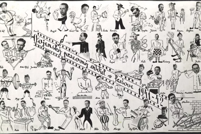 Bernard Knezo Schönbrun's caricature of the army work brigade in Presov, 1941-42