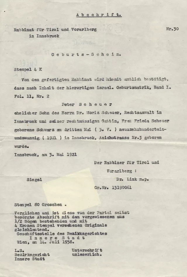 Geburtsurkunde von Peter Scheuer