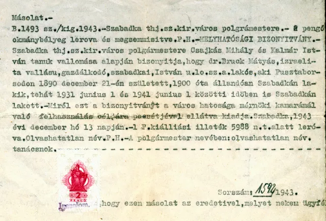 Certification of permanent residence of Judita Sendrei's father, Matija Bruck