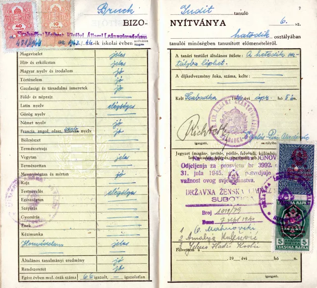 Judita Sendrei's grade report in  secondary school