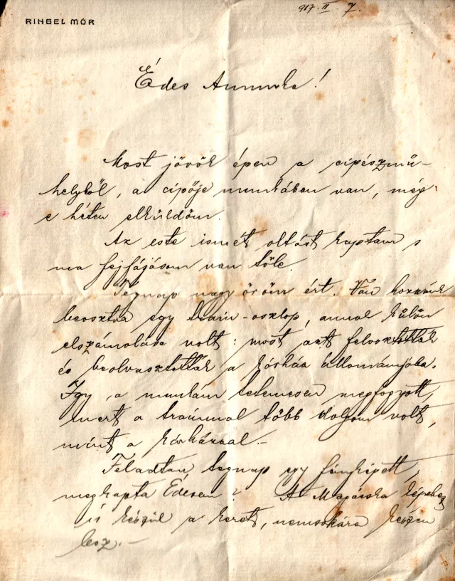 Ringel Mór levele Berhida Annához Ringel Mór levele Berhida Annához