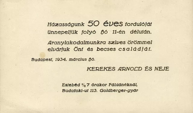 Meghívó Kerekes Arnold és felesége aranylakodalmára
