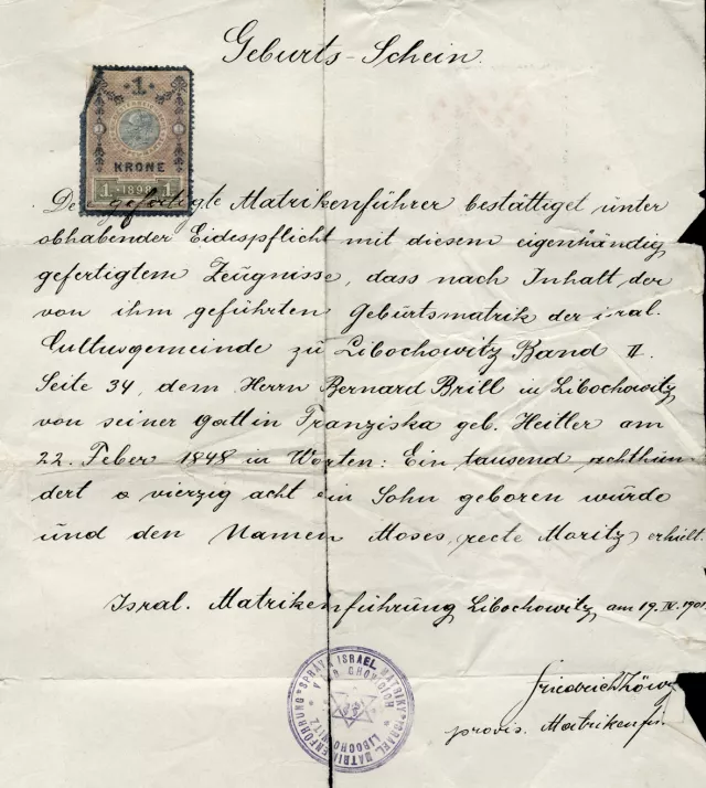Geburtsurkunde des Grossvaters Moritz Brill