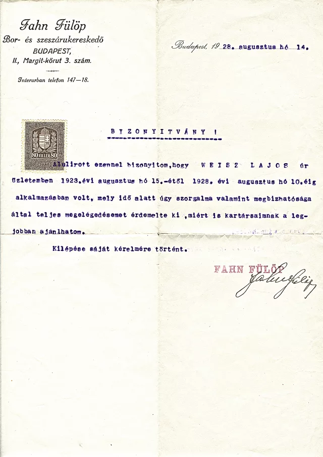 Bihari Lajos ajánlólevele