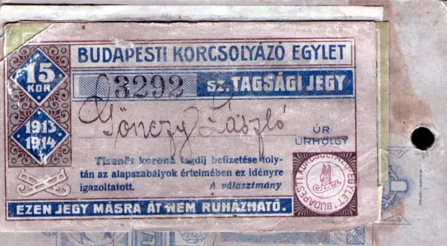Erzsebet Radvaner's brother Laszlo Gonczi´s membership ticket in the Budapest Ice-skating Society