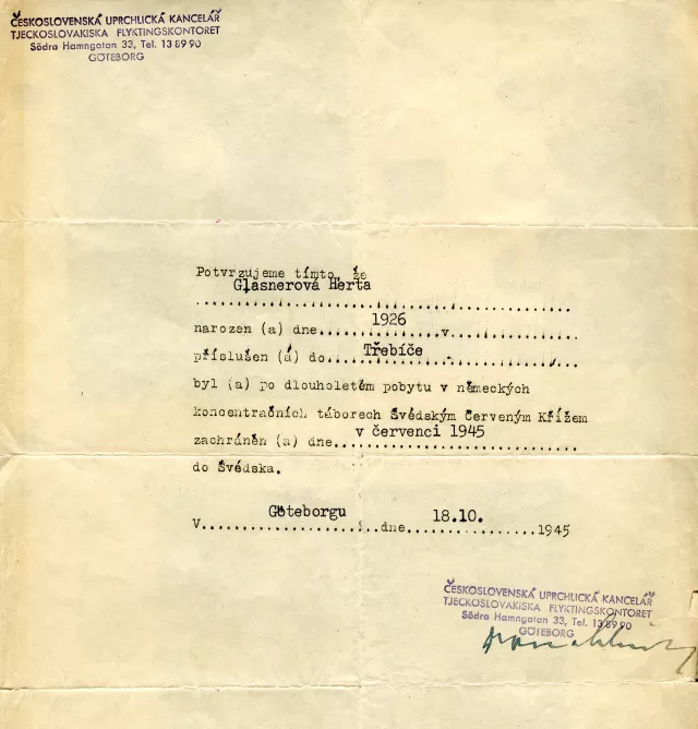 Herta Coufalova's identity document, issued in Sweden