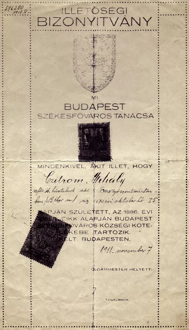Miska Czitrom's certificate of permanent residency in Budapest Miska Czitrom's certificate of permanent residency in Budapest