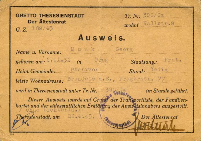 Jiri Munk's Terezin identification card
