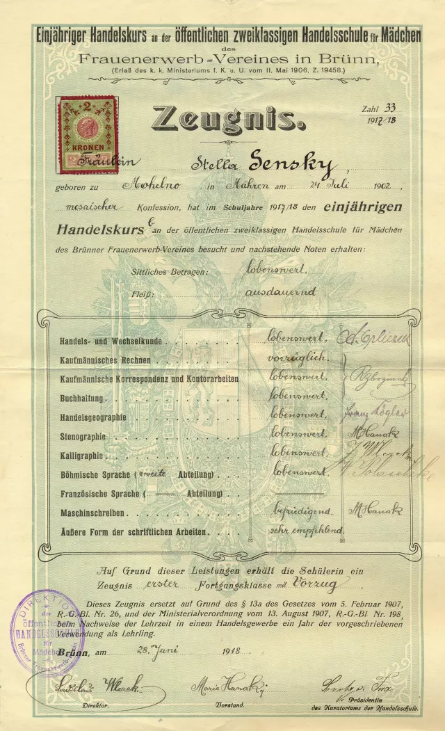 School-certificate of  Stella Kotoucova School-certificate of  Stella Kotoucova