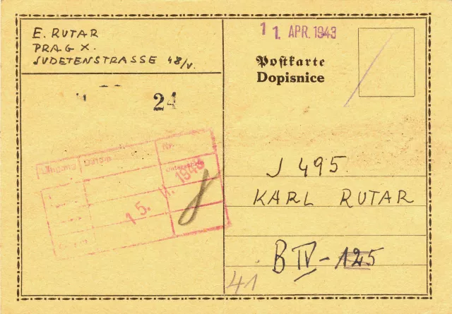 Postcard sent by Lojza to Karel Rutar to Theresienstadt (second side)