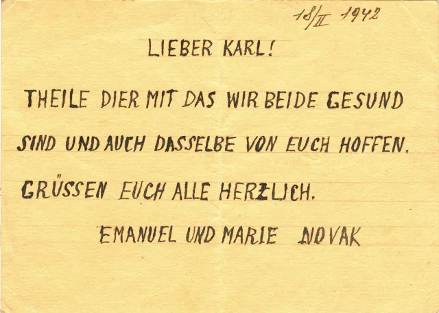 Postcard sent by Karel Rutar's grandparents to Theresienstadt (first side) Postcard sent by Karel Rutar's grandparents to Theresienstadt (first side)