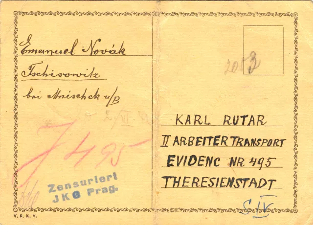 Postcard sent by Karel Rutar's grandparents to Theresienstadt (second side)