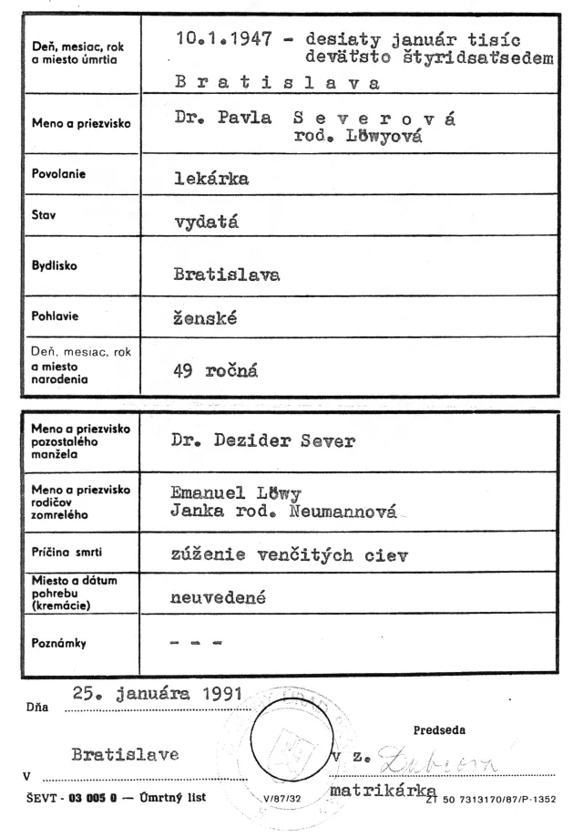 Pavla Severova's death certificate
