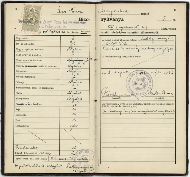 Pór Endréné VIII. gimnáziumi bizonyítványa Pór Endréné VIII. gimnáziumi bizonyítványa