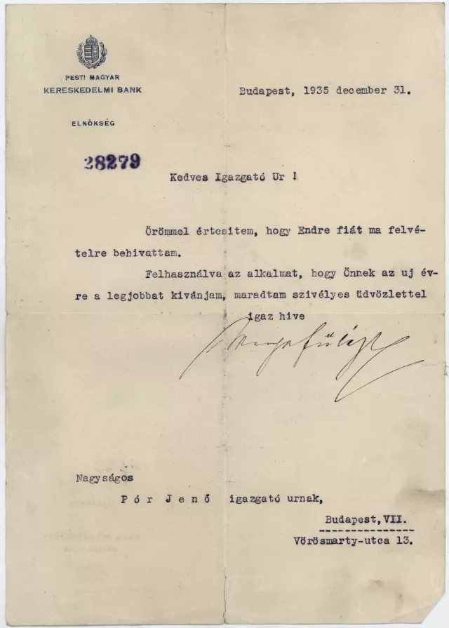 Weiss Fülöp levele Pór Jenõhöz