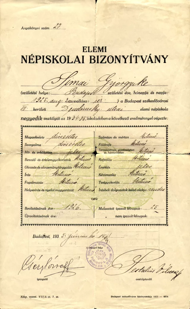 Polgár Ferencné elemi iskolai bizonyítványa
