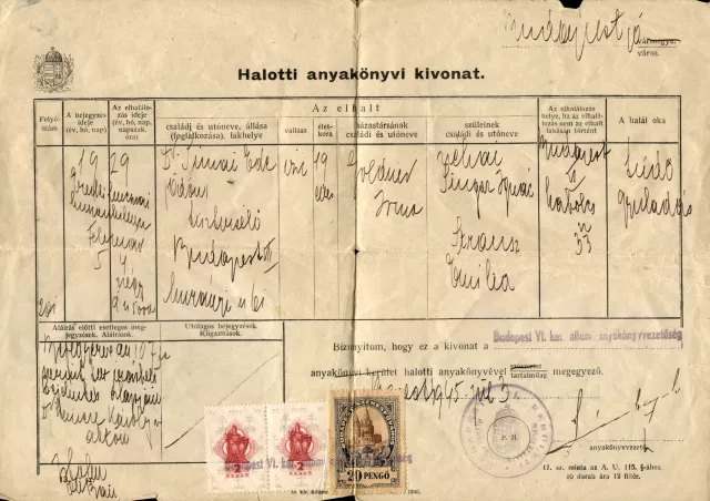 Simai Ödön halotti anyakönyvi kivonata