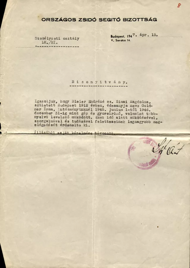 Bleier Endréné munkahelyi igazolása