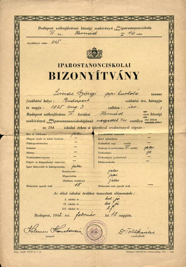 Polgár Ferencné iparostanonc-iskolai bizonyítványa