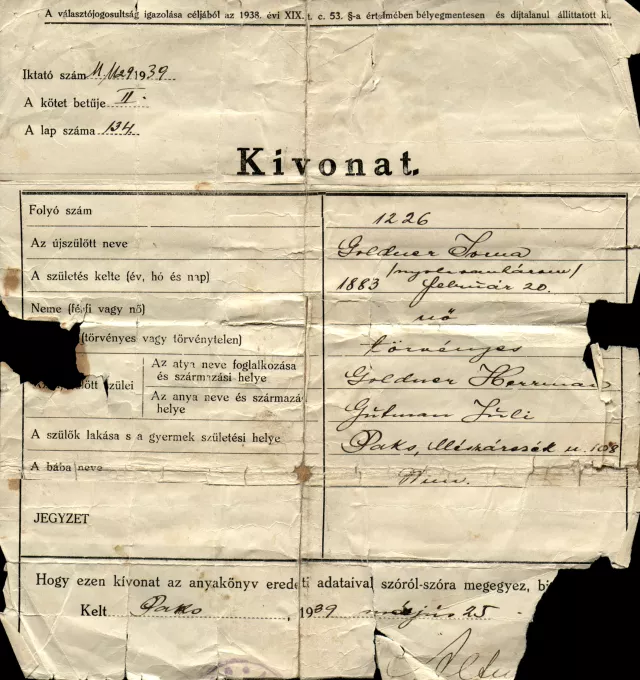 Simai Ödönné születési anyakönyvi kivonata