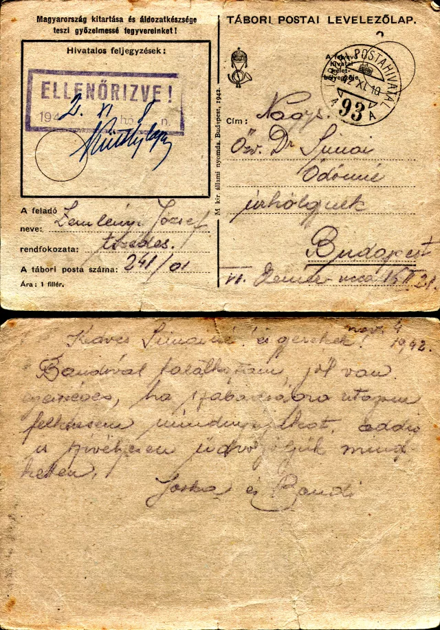 Simai Endre levelezõlapja a munkaszolgálatból