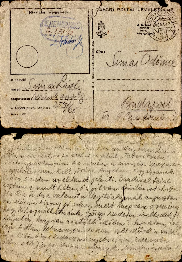 Simai László levele a munkaszolgálatból