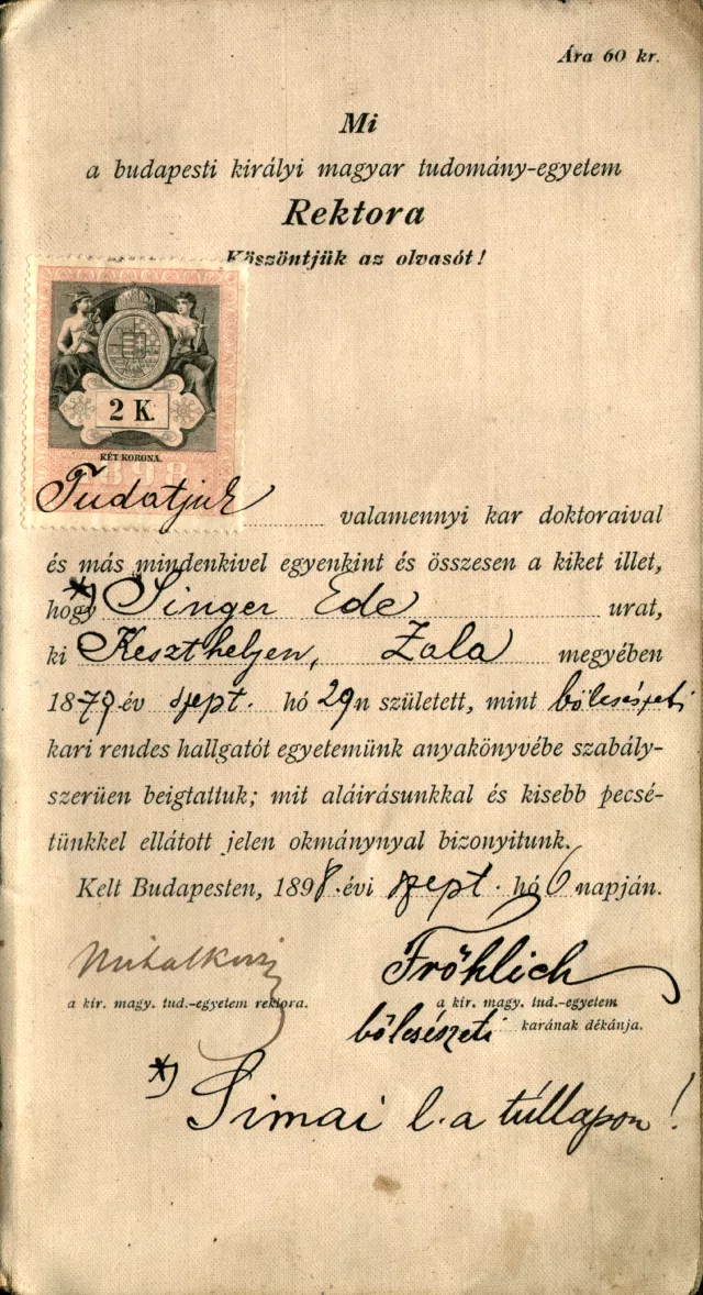 Simai Ödön egyetemi indexe