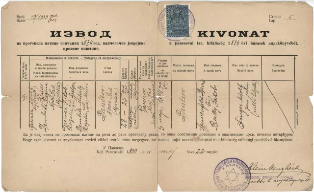 Greiner Adolf és Dembitz Regina házassági anyakönyvi kivonata Greiner Adolf és Dembitz Regina házassági anyakönyvi kivonata