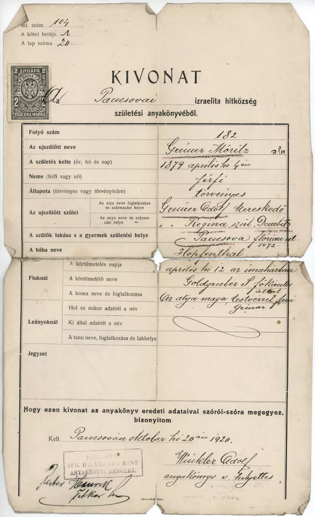 Greiner Mór születési anyakönyvi kivonata Greiner Mór születési anyakönyvi kivonata